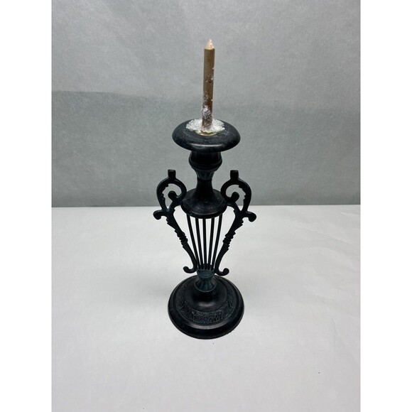 Vintage Brass Metal Harp Shaped 12" Tall Made in India Candle Stick Holder - Picture 4 of 5